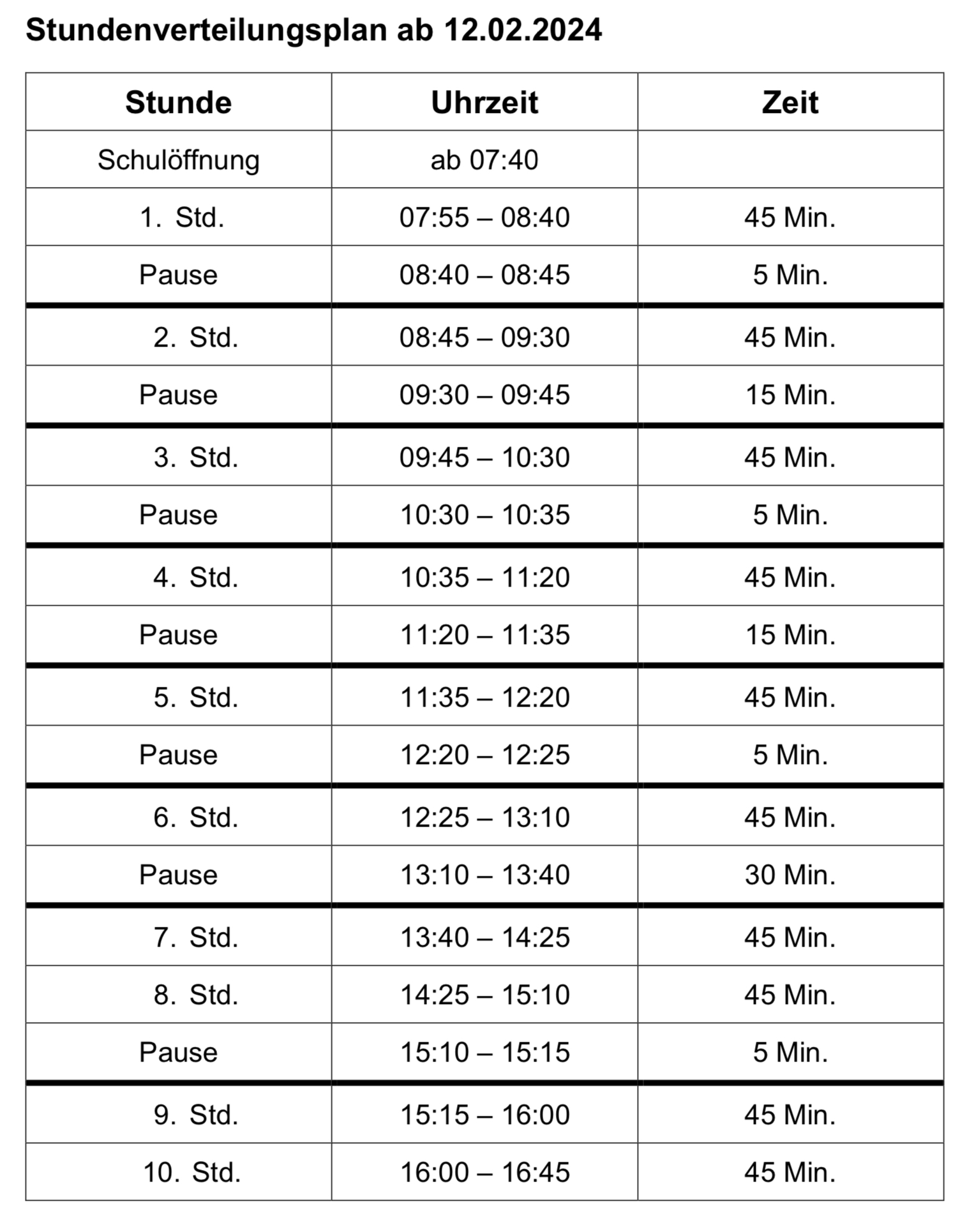Neue Stundenanfangszeiten beim Nachmittagsunterricht